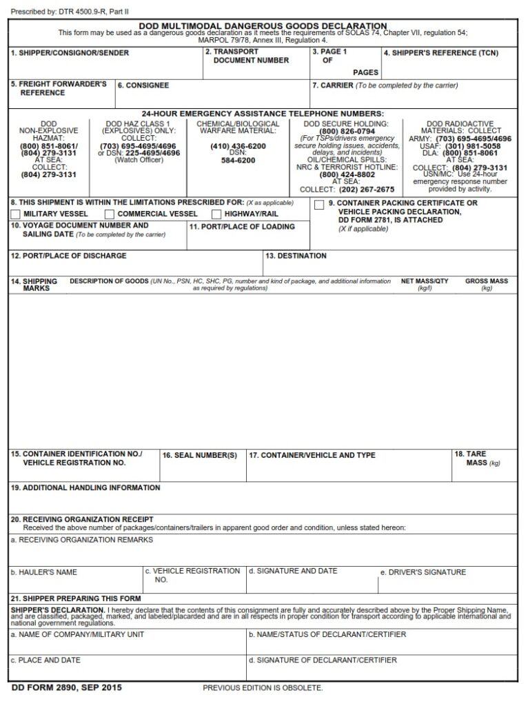 Dd Form 2890 - Dod Multimodal Dangerous Goods Declaration 