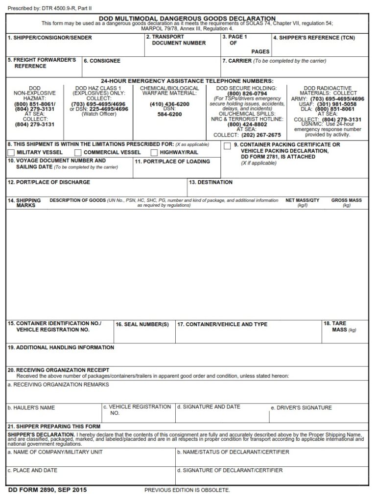 DD Form 2890 - DoD Multimodal Dangerous Goods Declaration | Free Online ...