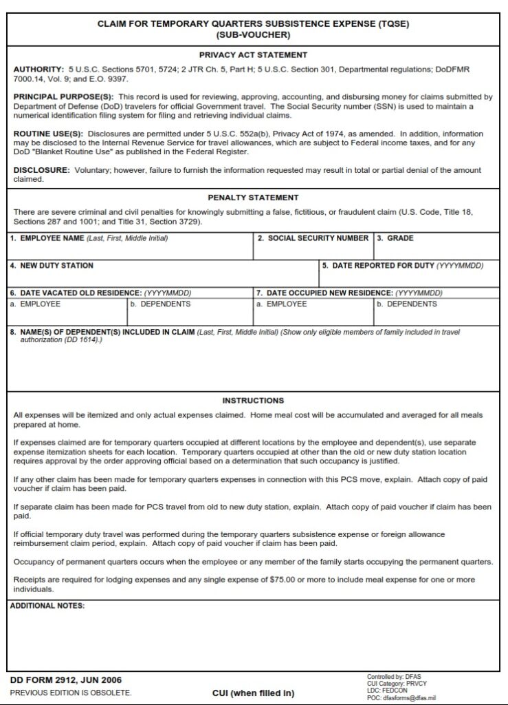 DD Form 2912 - Claim For Temporary Quarters Subsistence Expense (TQSE ...