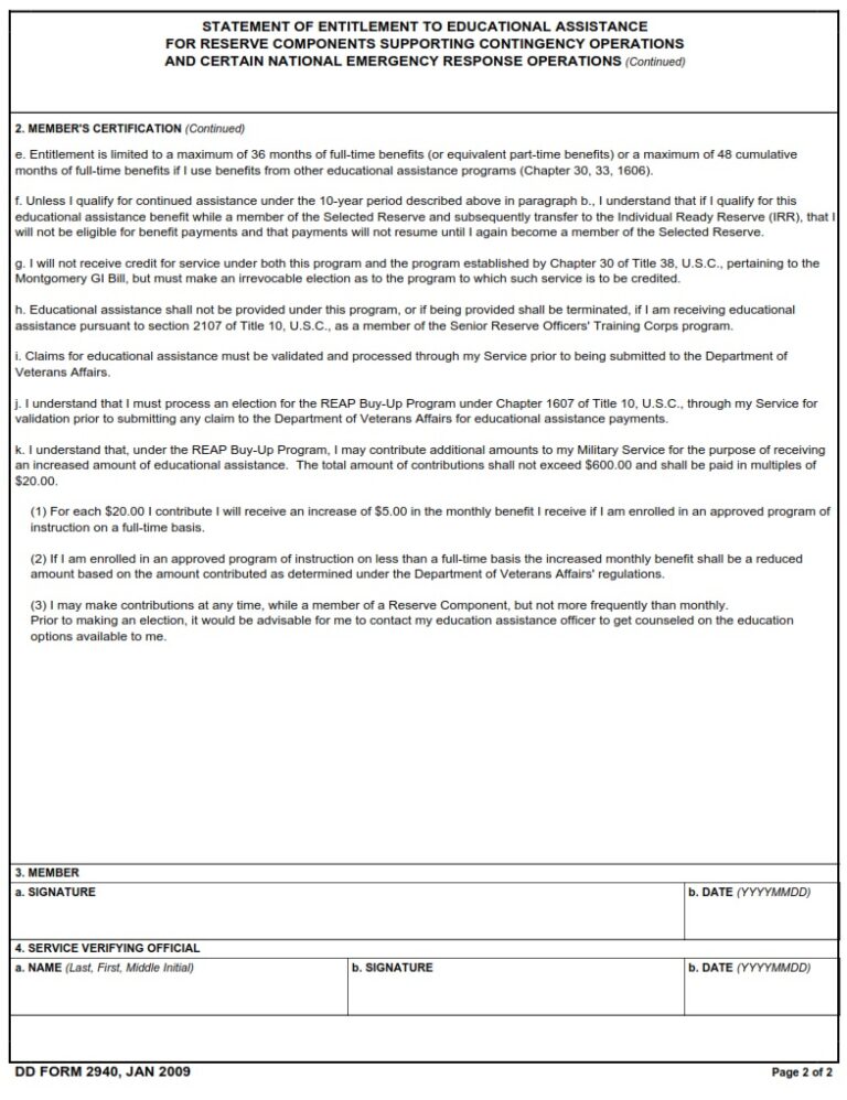 DD Form 2940 - Statement Of Entitlement To Educational Assistance For ...