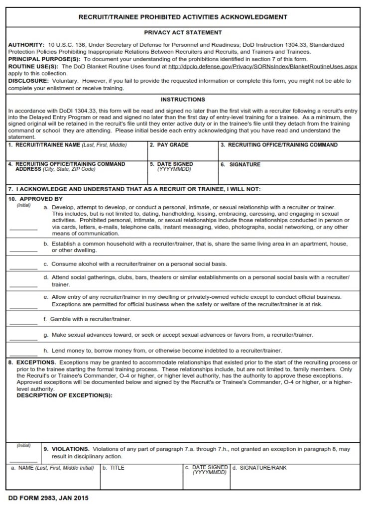 DD Form 2983 - Recruit/Trainee Prohibited Activities Acknowledgment ...