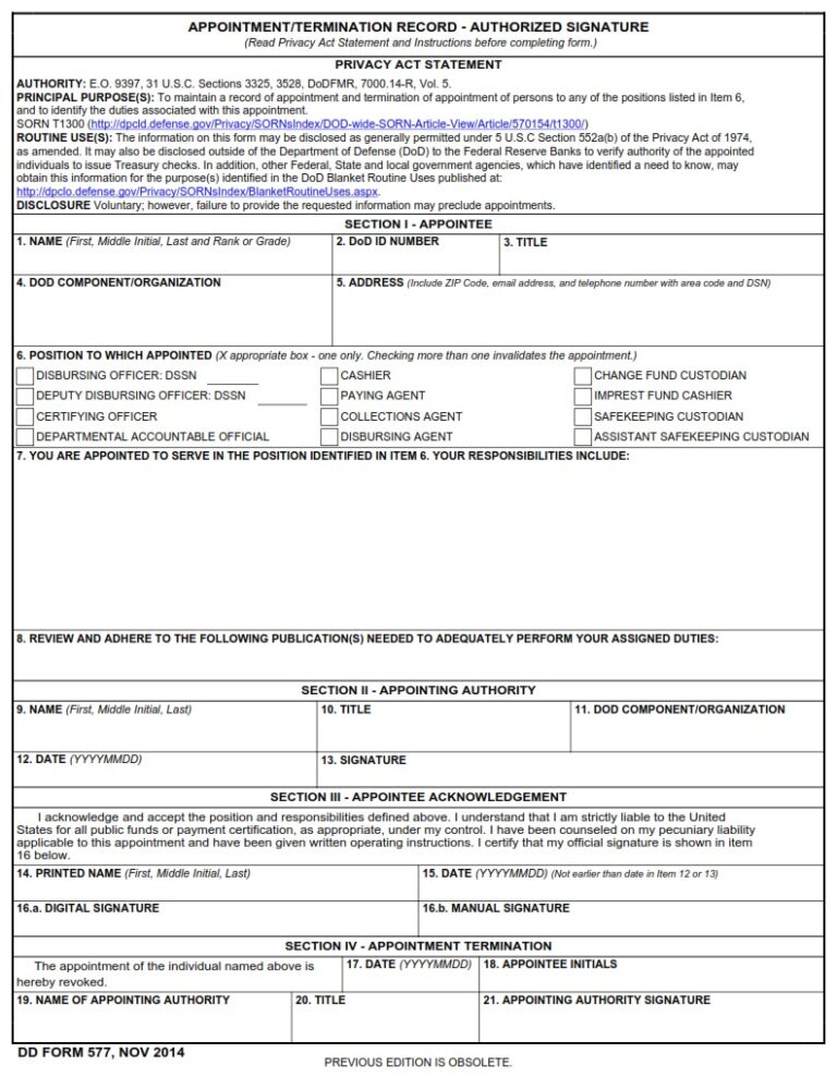 DD Form 577 - Appointment/Termination Record - Authorized Signature ...