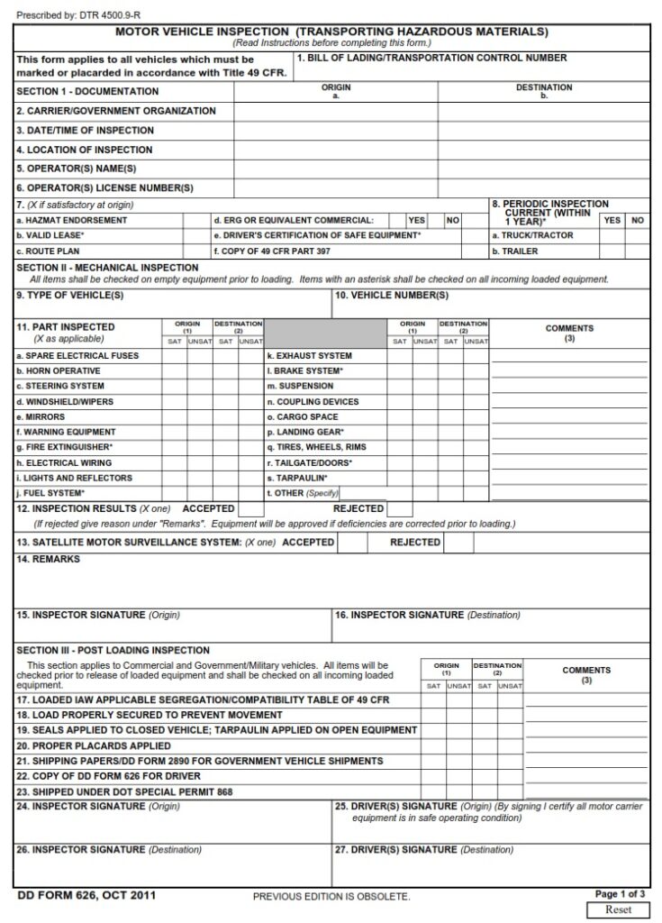 DD Form 626 - Motor Vehicle Inspection (Transporting Hazardous Material ...